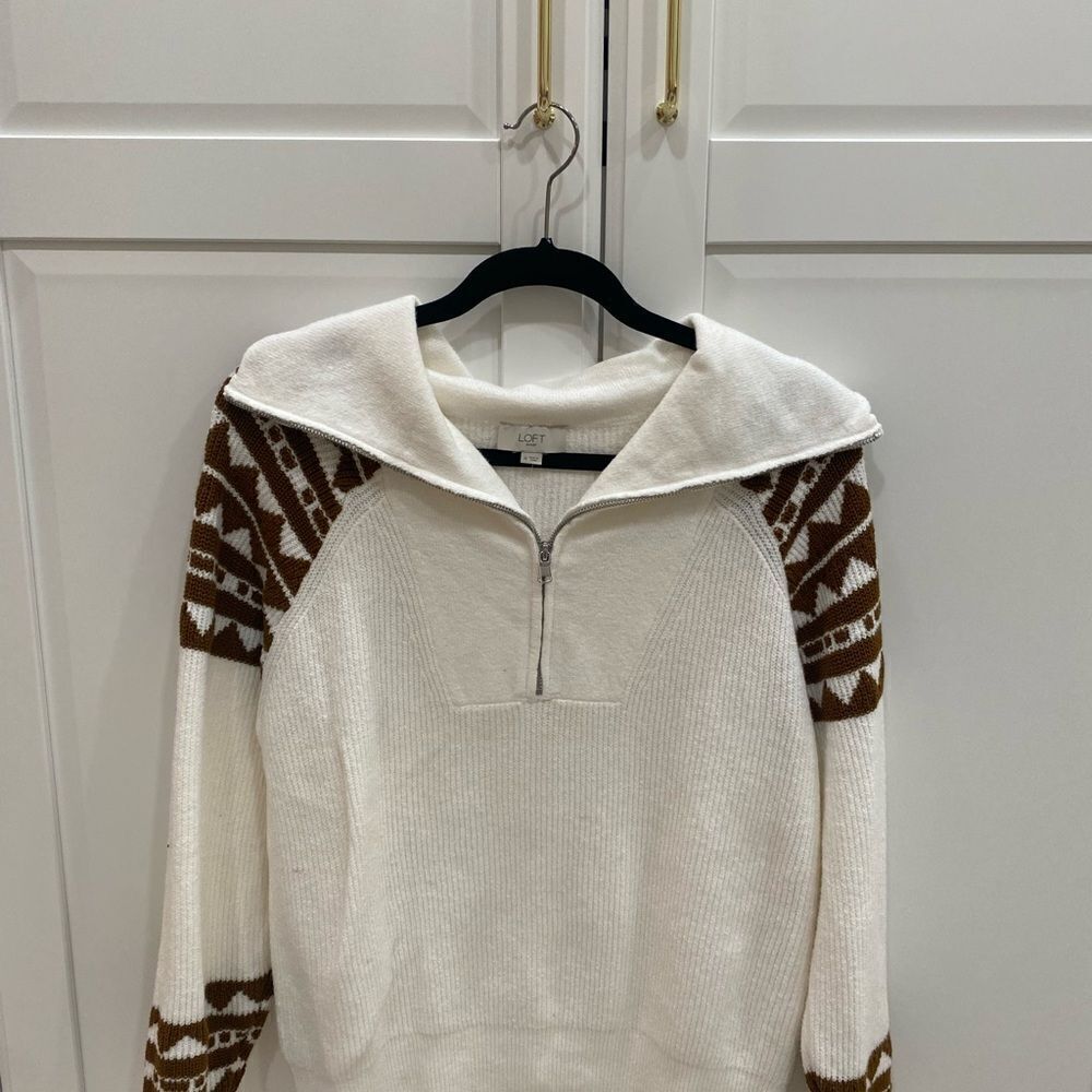 LOFT White and Brown Cowl Neck Sweater with Animal Print